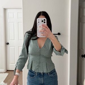 Abercrombie & Fitch Sage Green Polka Dot Button-Front Blouse